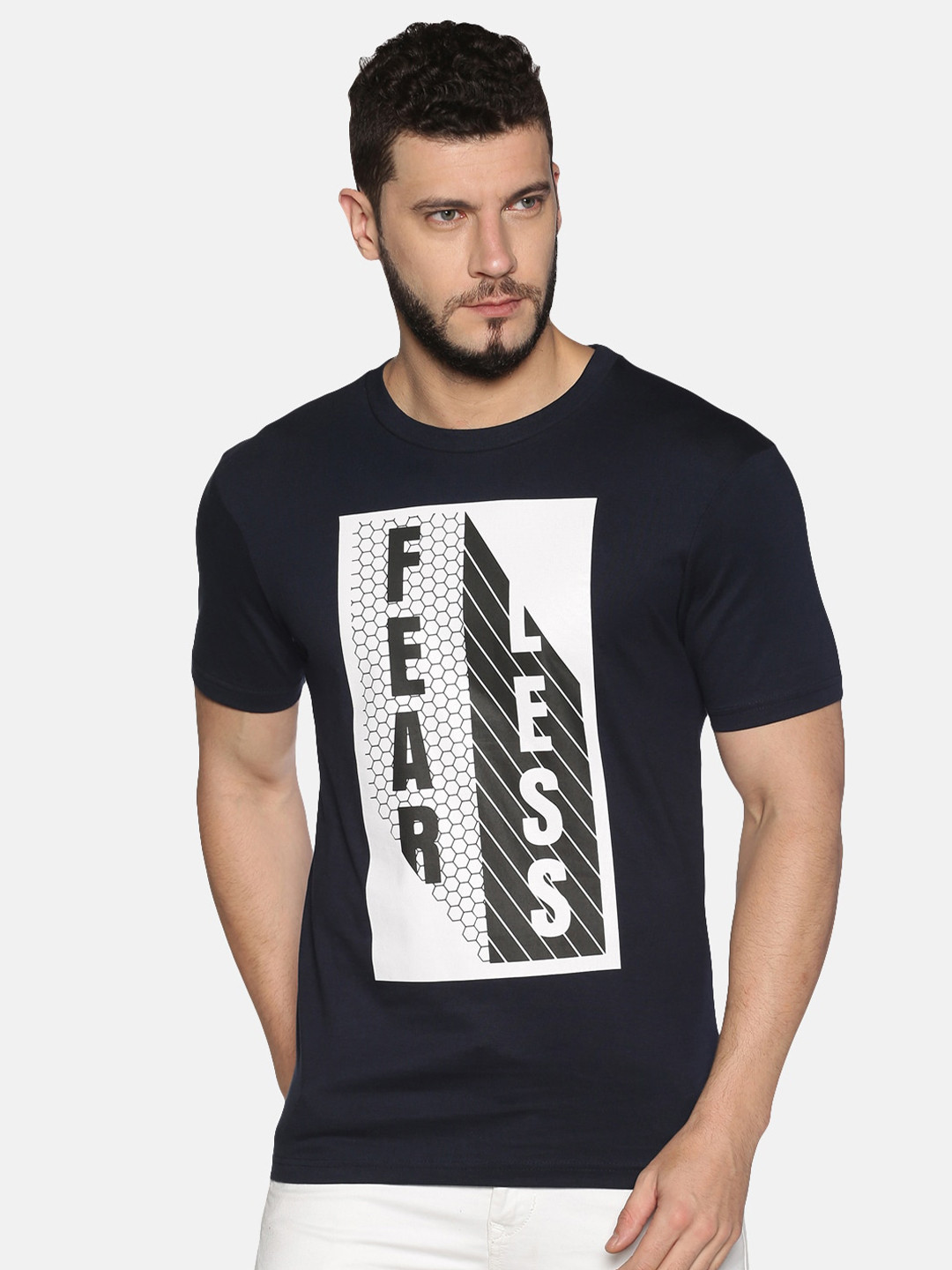 

UrGear Men Navy Blue Typography Printed Raw Edge T-shirt