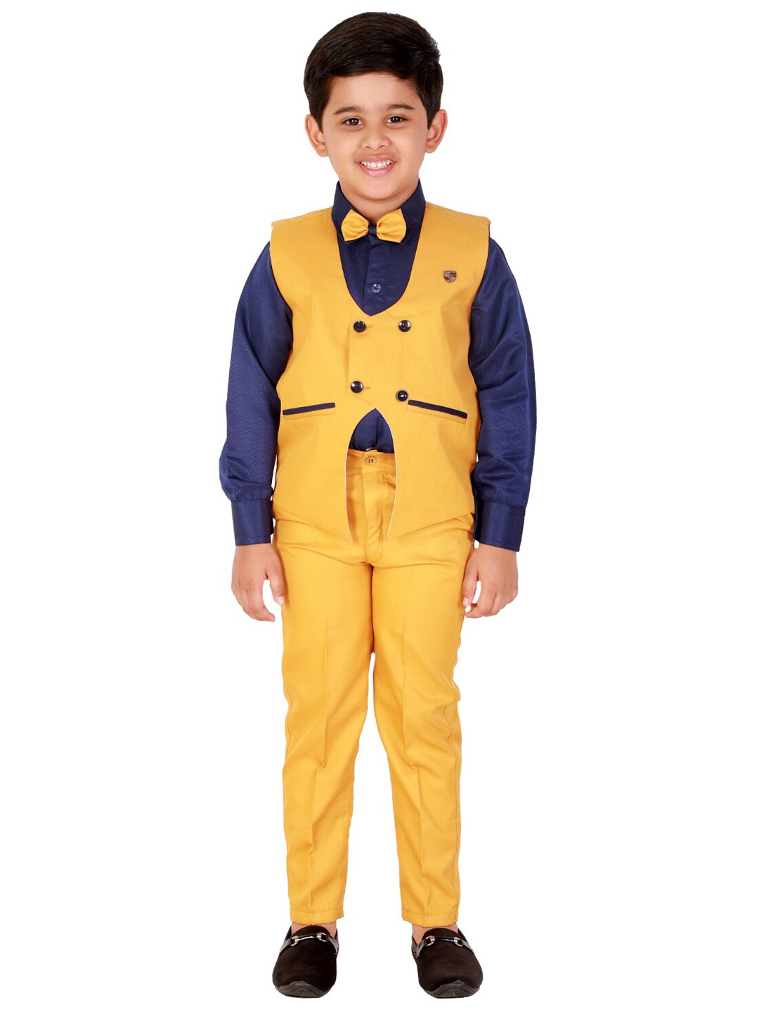 

DKGF FASHION Boys Navy Blue & Yellow Self Design Shirt with Trousers