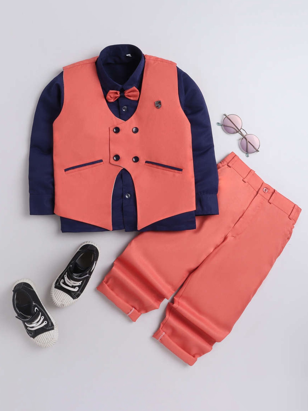 

DKGF FASHION Boys Peach-Coloured & Navy Blue Shirt with Trousers