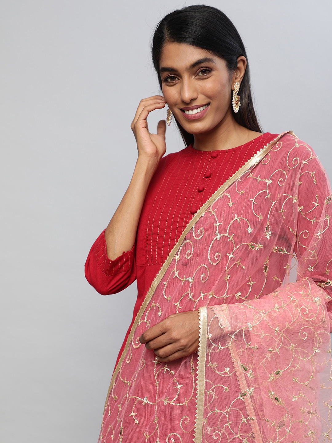 

flaher Red Embroidered Dupatta with Zari