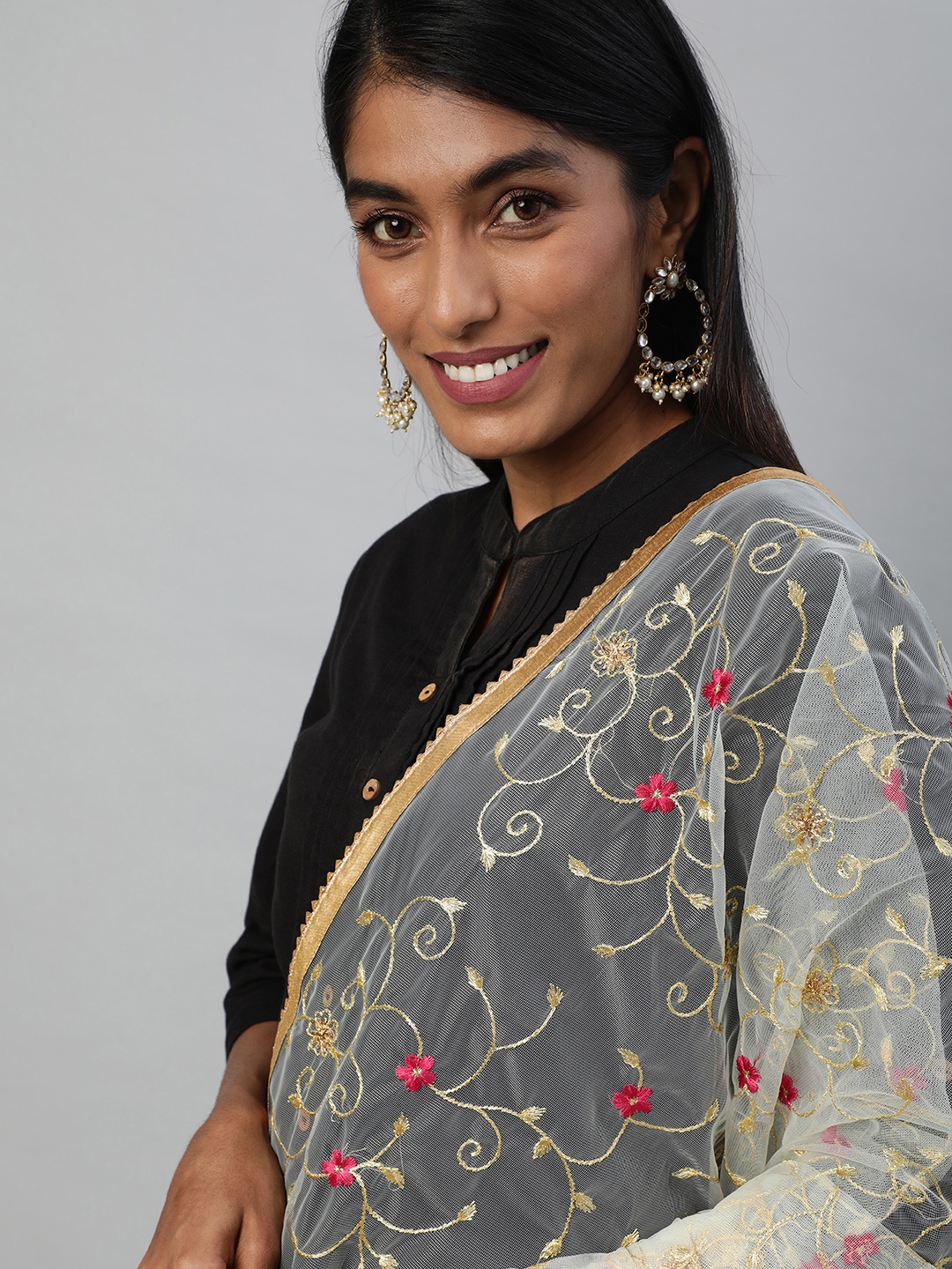 

flaher Off White Embroidered Dupatta with Zari
