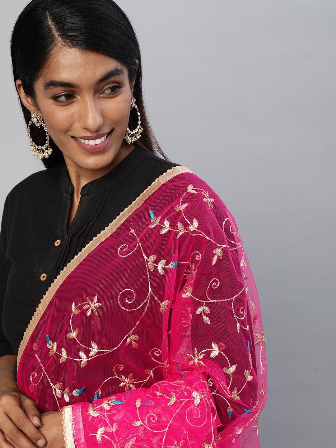 

flaher Pink Embroidered Dupatta with Zari