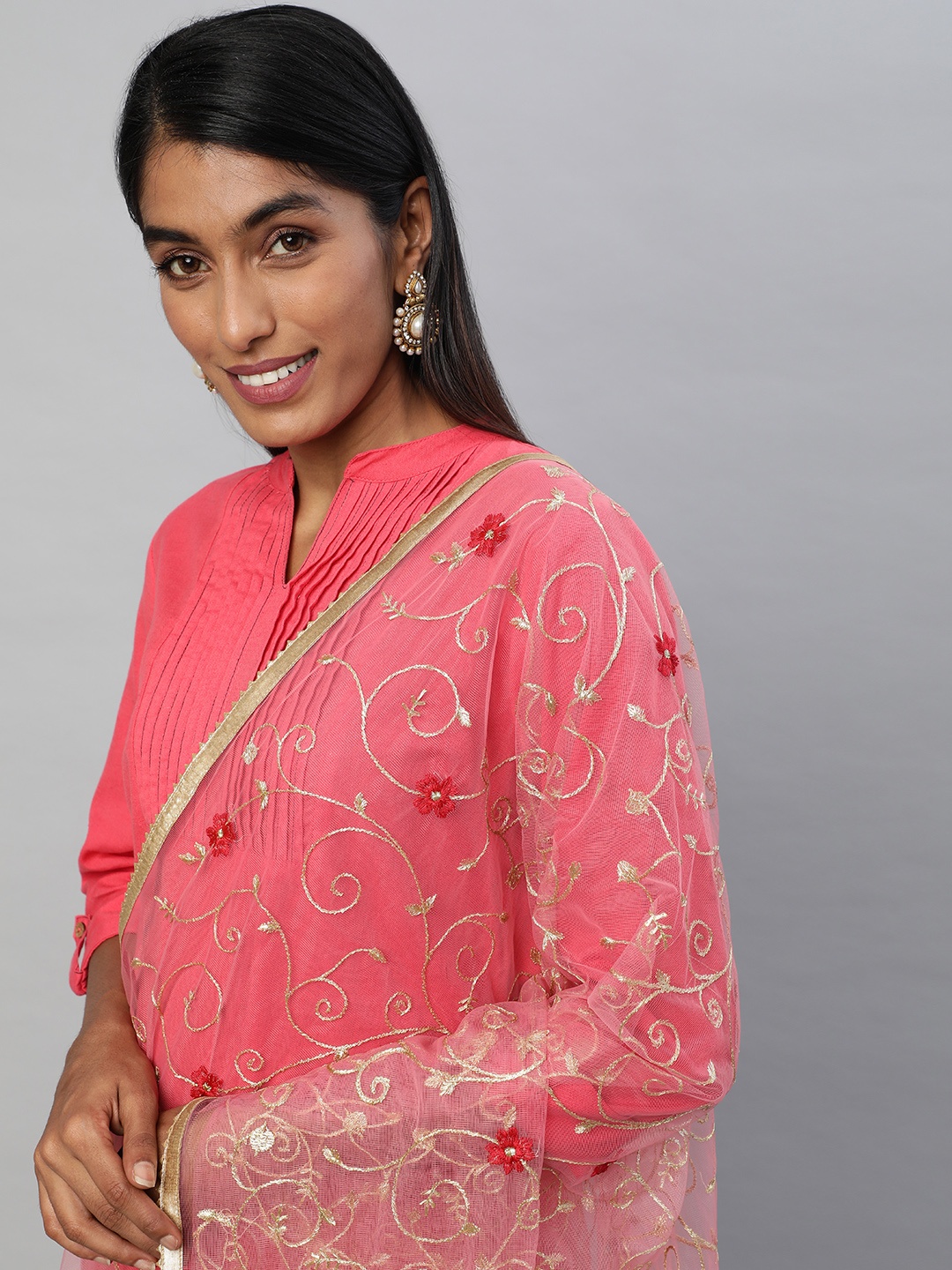 

flaher Pink Embroidered Dupatta with Zari