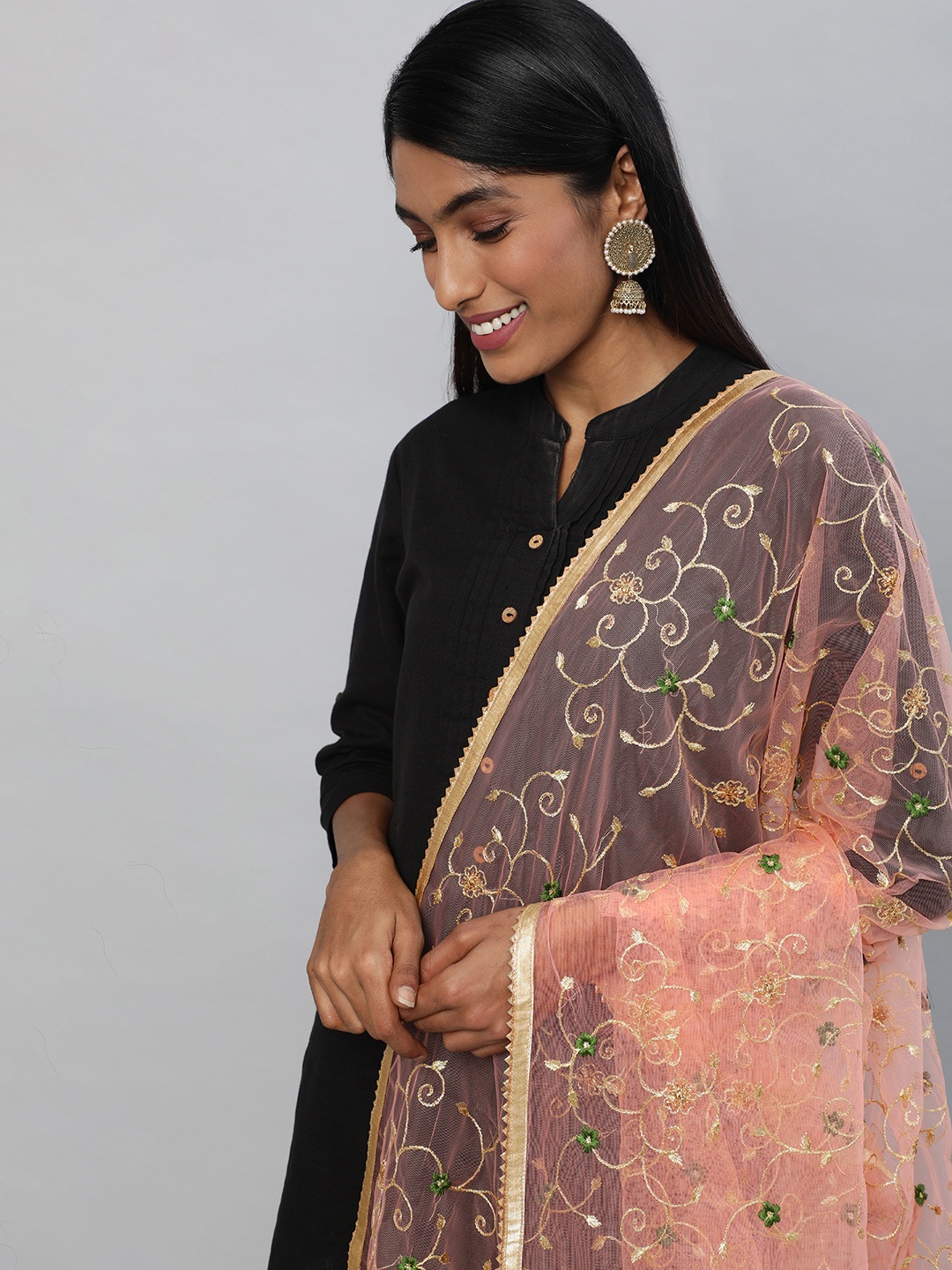 

flaher Peach-Coloured Embroidered Dupatta with Zari