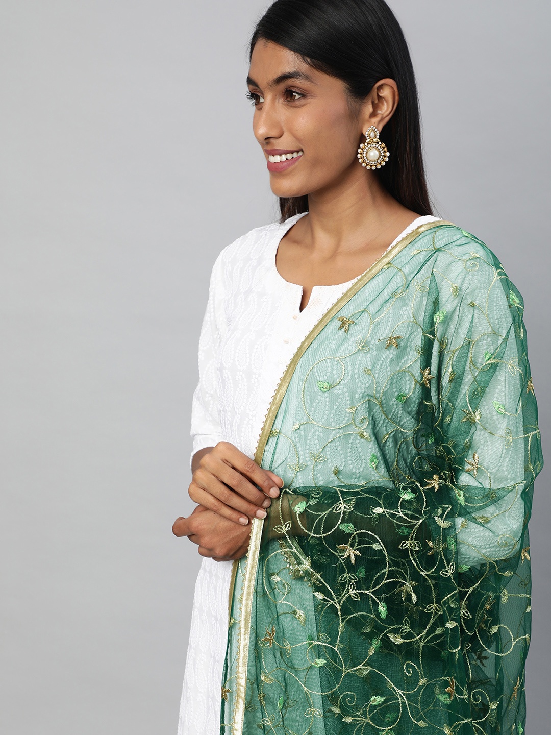 

flaher Green Embroidered Dupatta with Zari