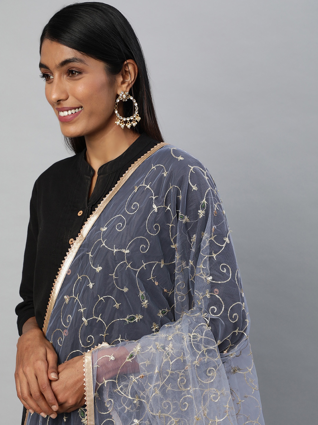 

flaher Grey Embroidered Dupatta with Zari