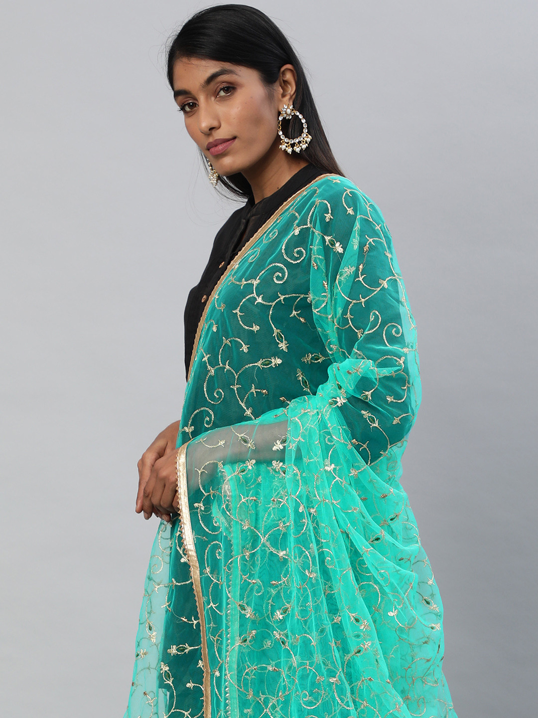 

flaher Sea Green Embroidered Dupatta with Zari