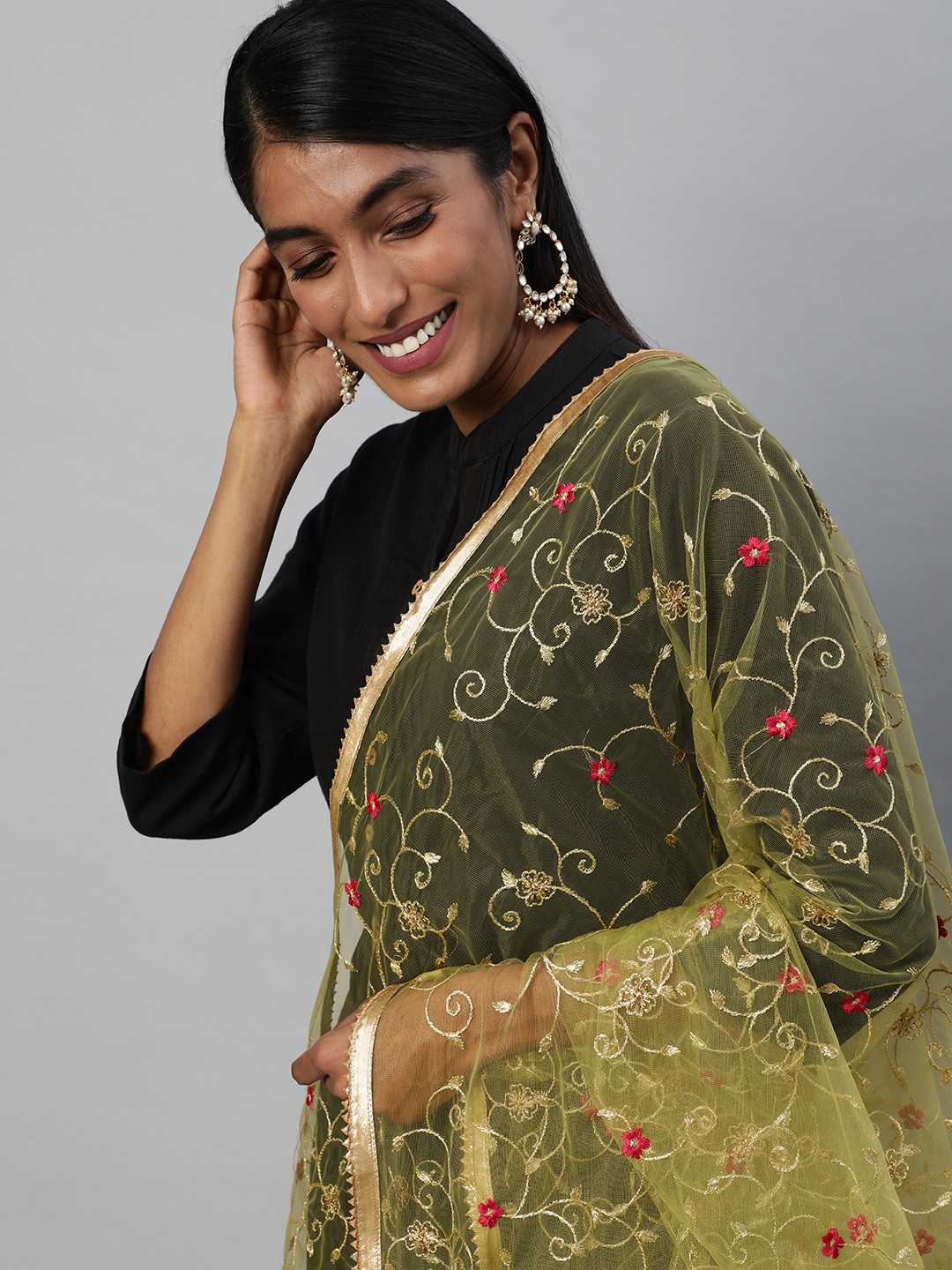 

flaher Green Embroidered Dupatta with Zari