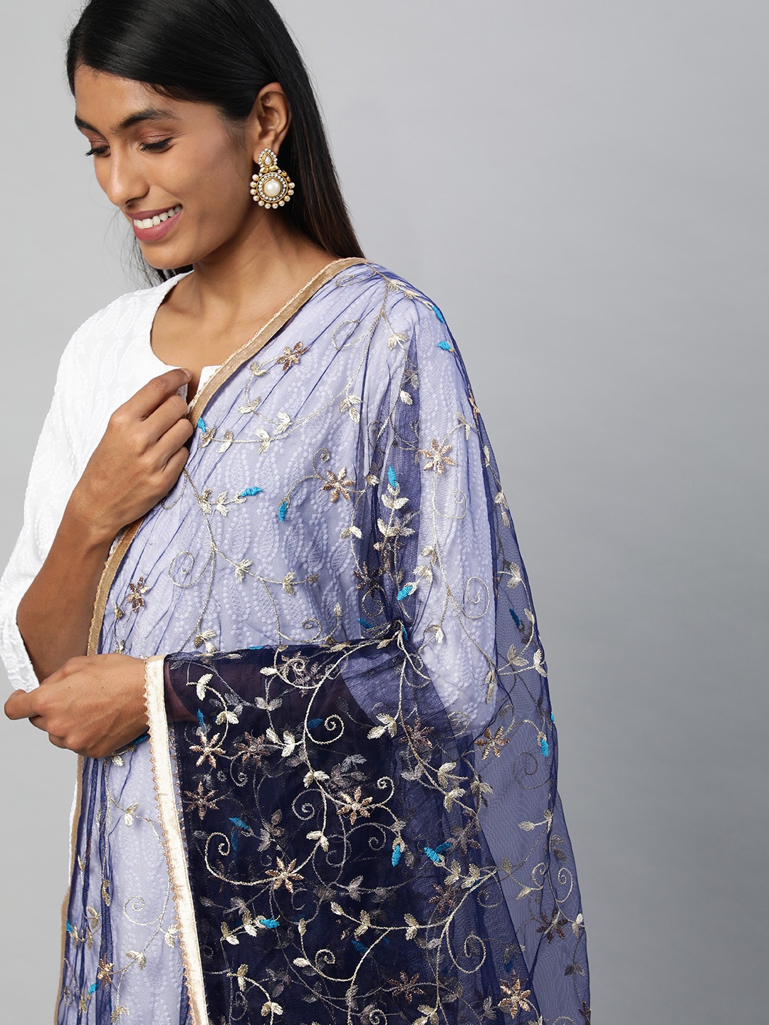 

flaher Navy Blue Embroidered Dupatta with Zari