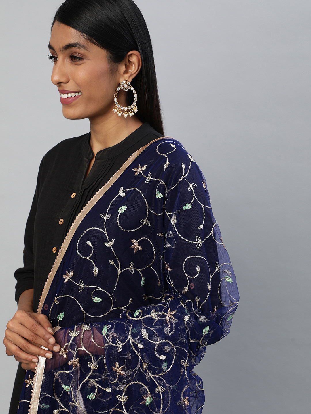 

flaher Navy Blue Embroidered Dupatta with Zari