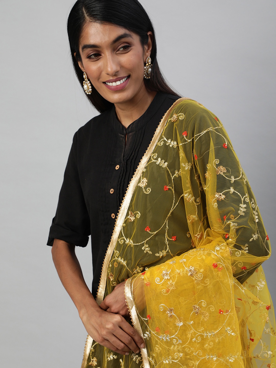 

flaher Mustard Embroidered Dupatta with Zari