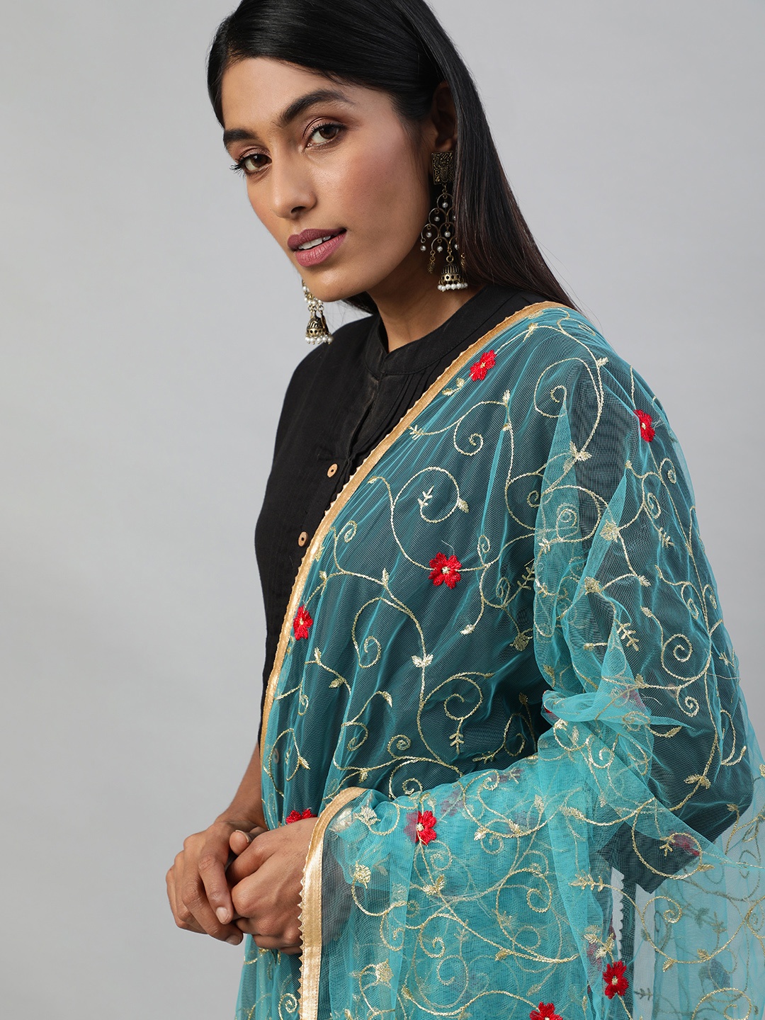 

flaher Blue Embroidered Dupatta with Zari