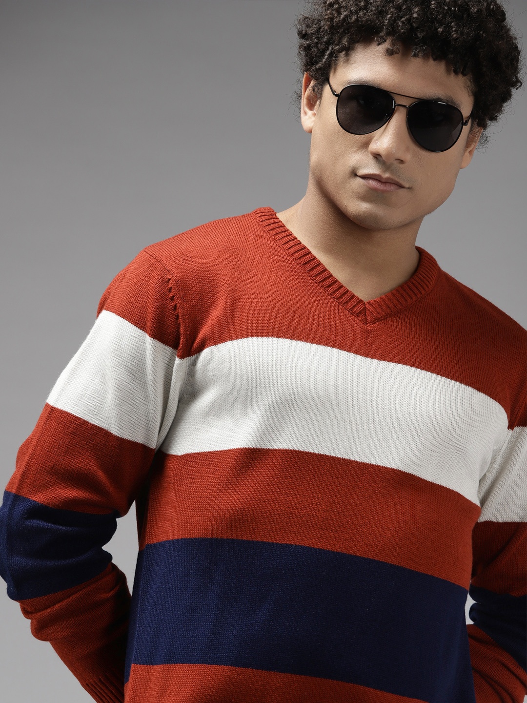 

The Roadster Lifestyle Co. Men Rust Brown & White Acrylic Striped Pullover