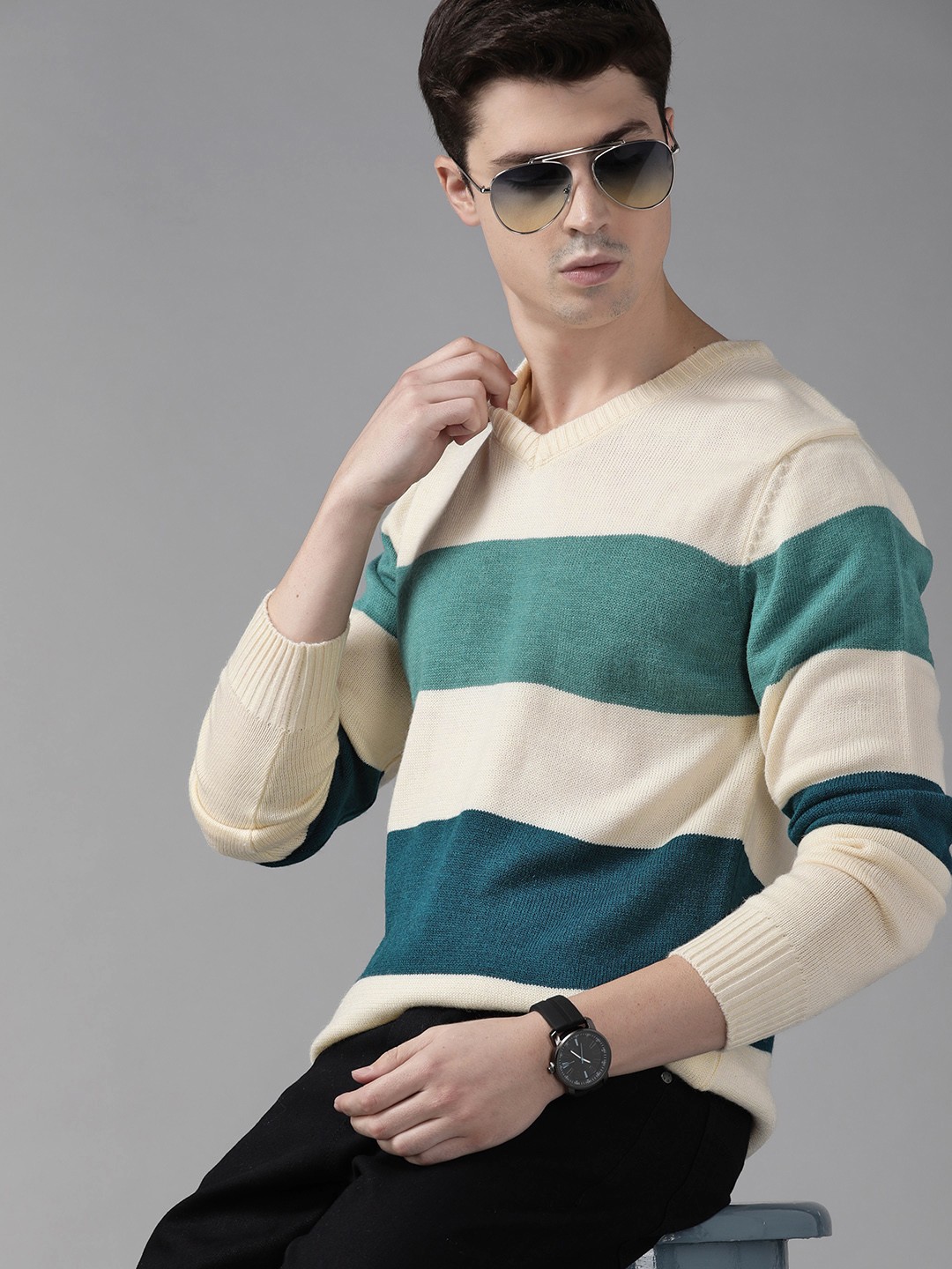

Roadster Men Striped Pullover, Off white