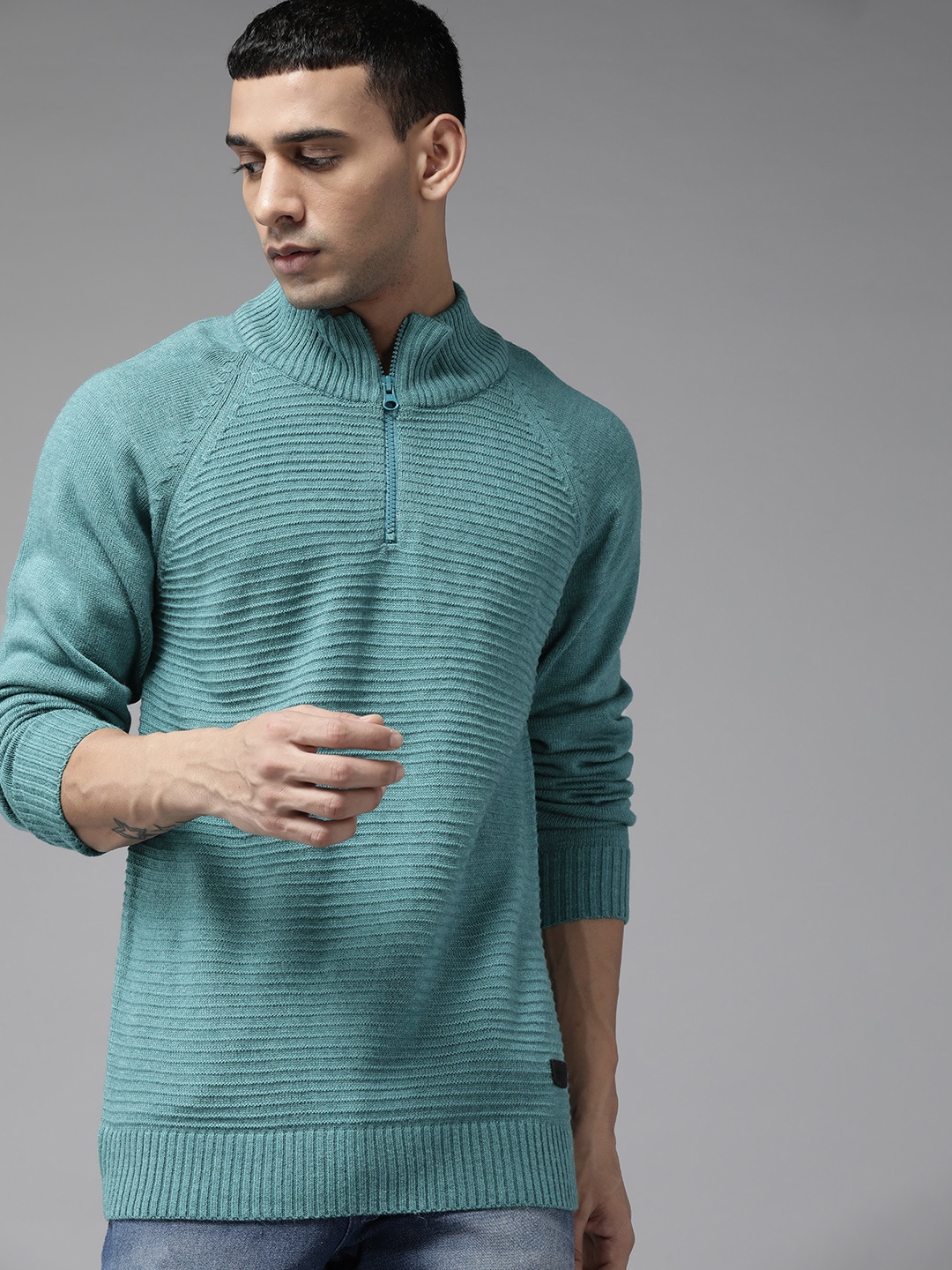 

The Roadster Lifestyle Co. Men Sea Green Self-Striped Acrylic Raglan Sleeves Pullover