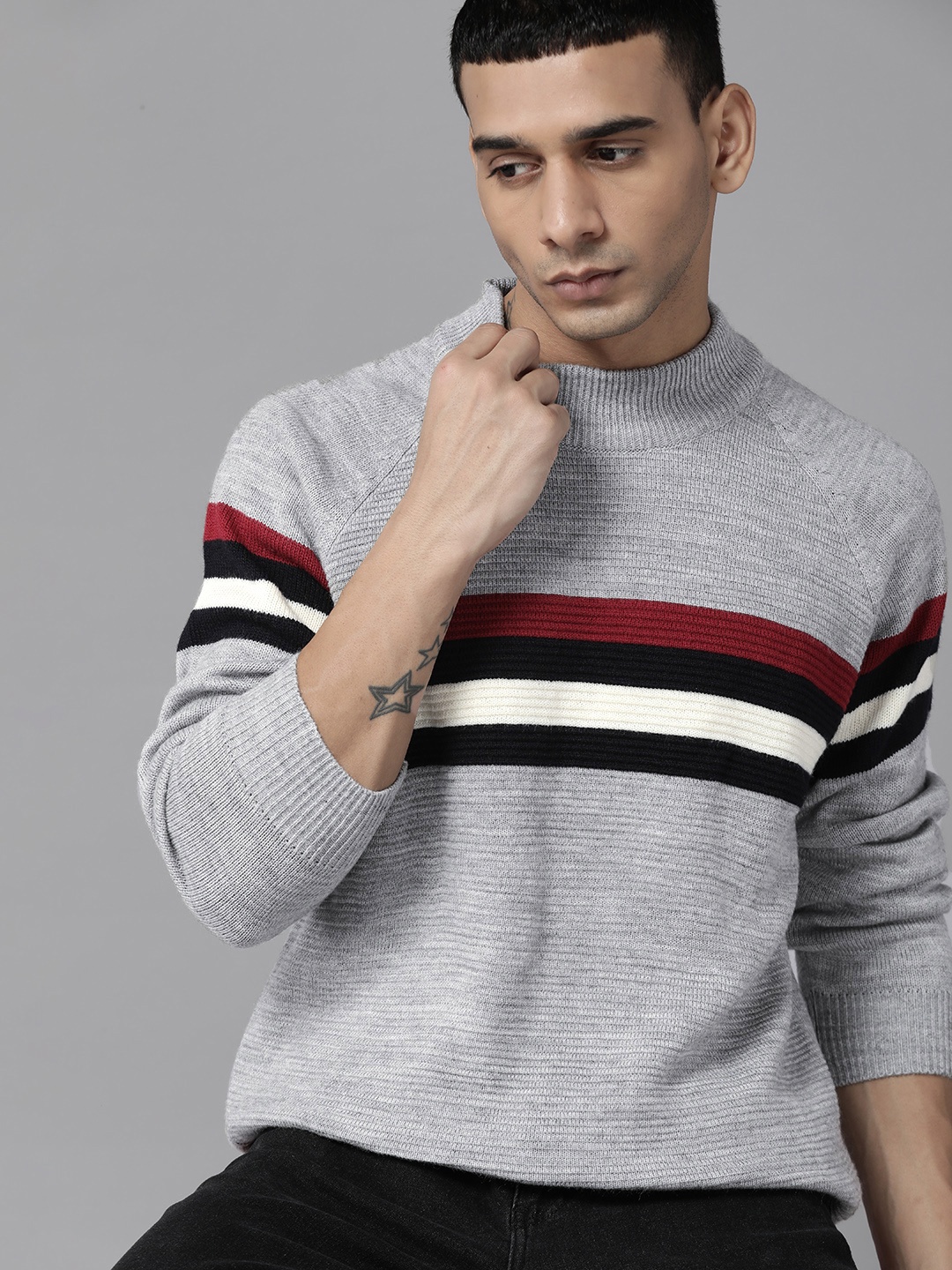 

The Roadster Lifestyle Co. Men Grey & Black Striped Acrylic Raglan Sleeves Pullover