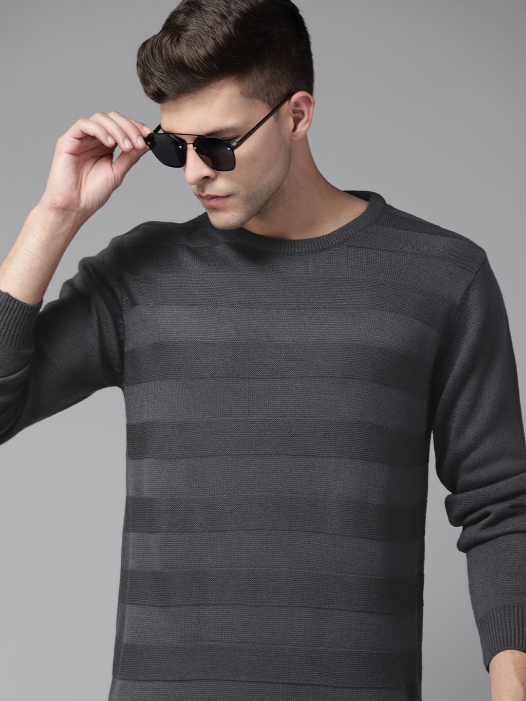

The Roadster Lifestyle Co. Men Charcoal Grey Self-Striped Pullover