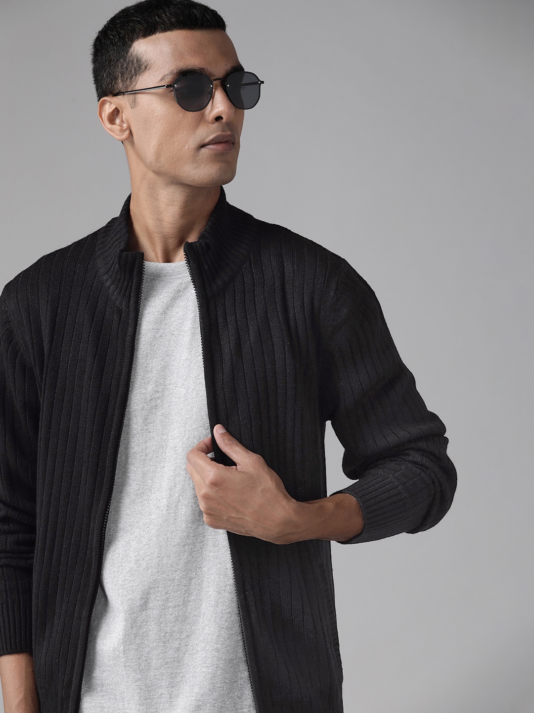 

Roadster Men Black Self-Striped Cardigan
