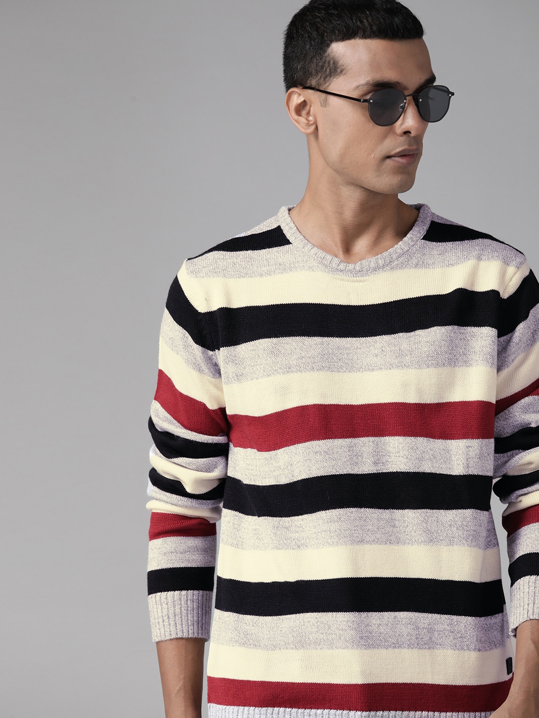 

Roadster Men Black & Grey Striped Pullover