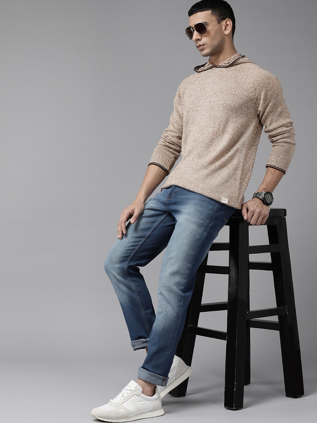 

The Roadster Lifestyle Co. Men Beige Melange Acrylic Raglan Sleeves Hooded Pullover