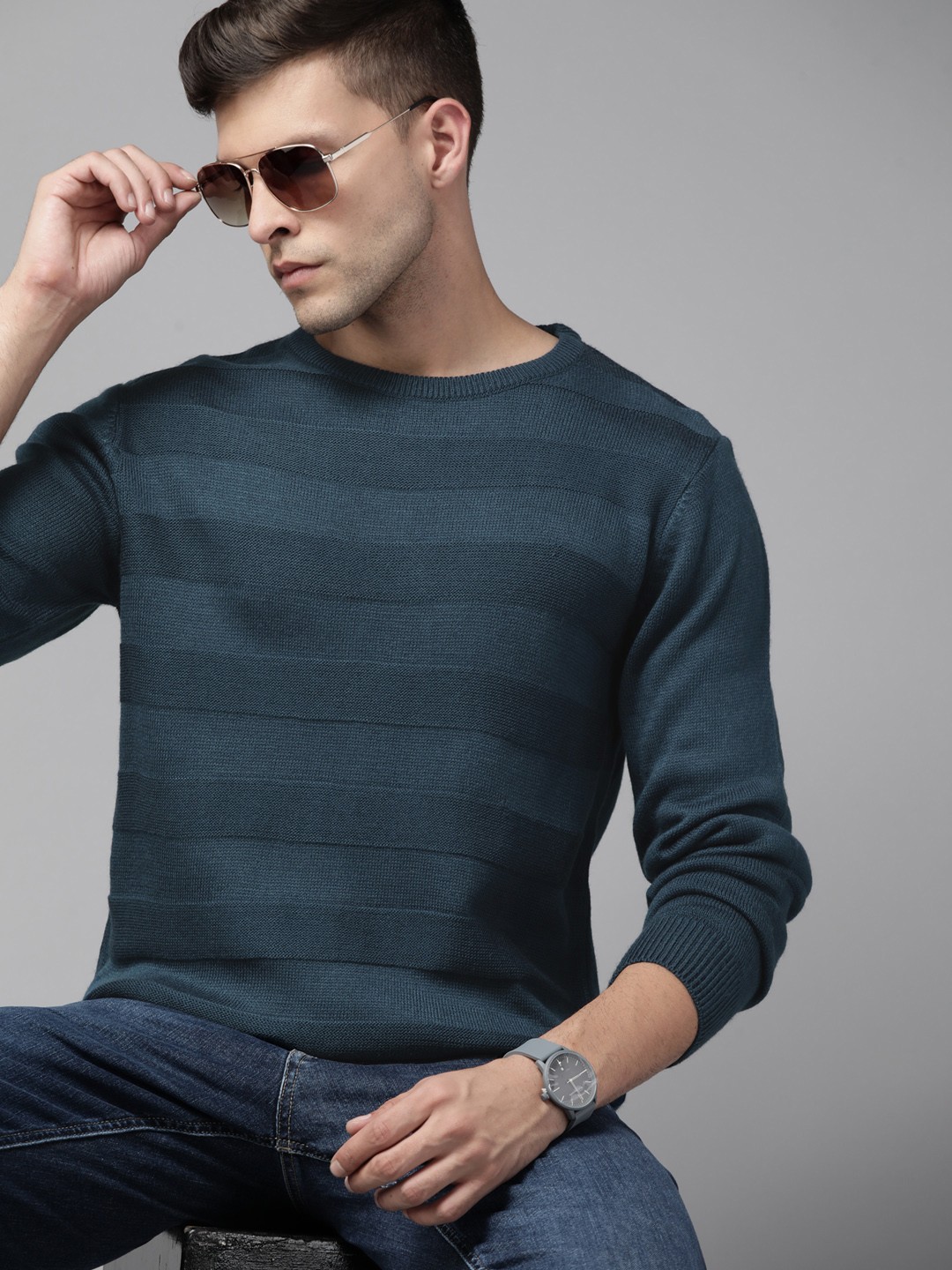 

The Roadster Lifestyle Co. Men Teal Blue Self-Striped Pullover