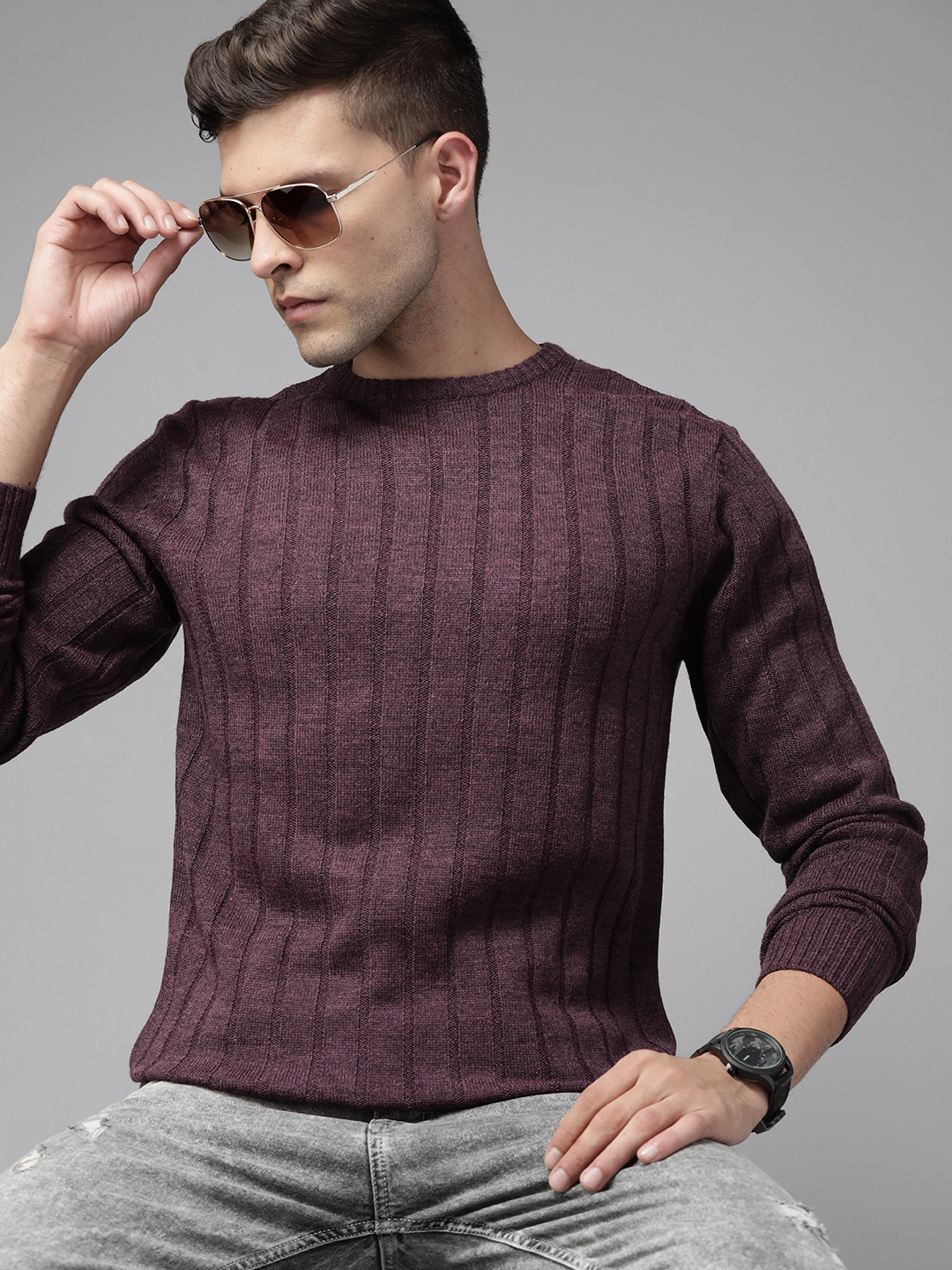 

The Roadster Lifestyle Co. Men Burgundy Self-Striped Pullover