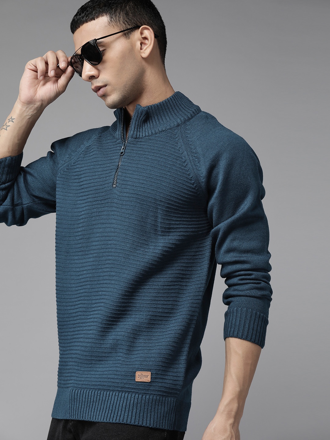 

The Roadster Lifestyle Co. Men Teal Green Self-Striped Acrylic Raglan Sleeves Pullover