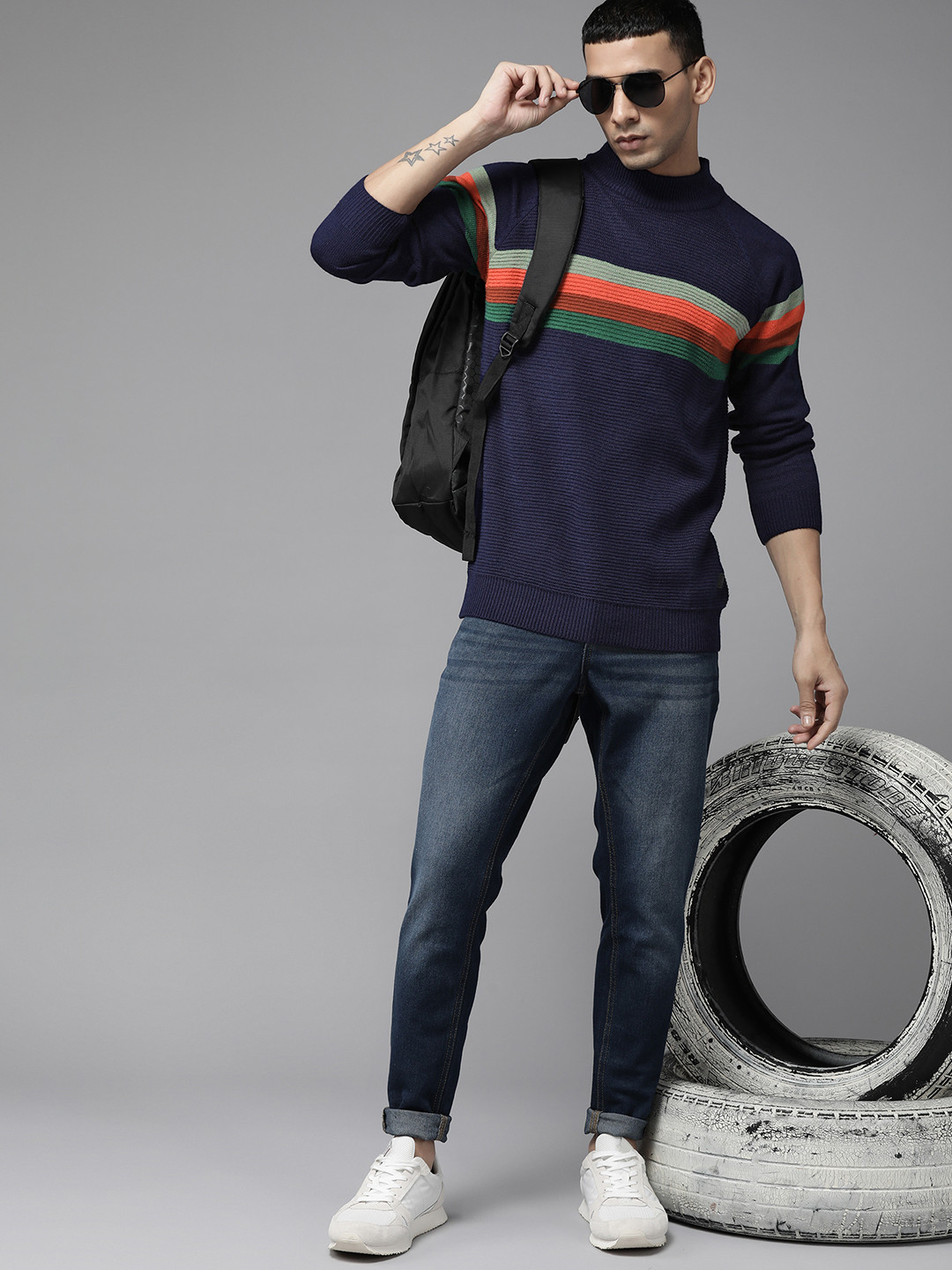 

The Roadster Lifestyle Co. Men Navy Blue Striped Acrylic Raglan Sleeves Pullover