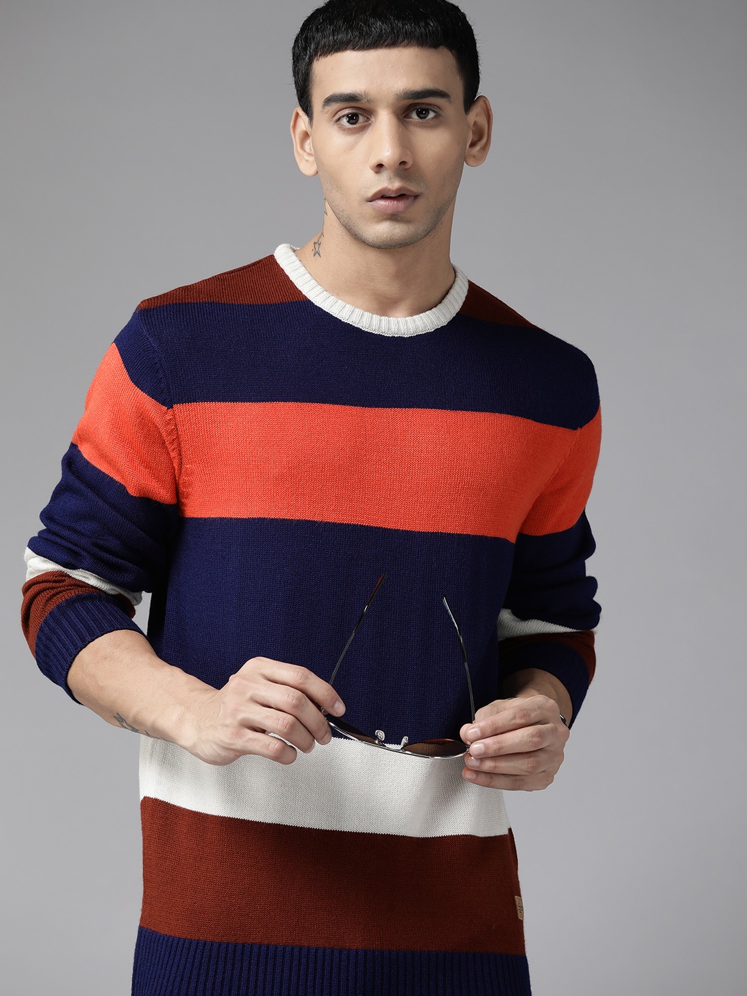 

The Roadster Lifestyle Co. Men Navy Blue & Coral Orange Striped Pullover