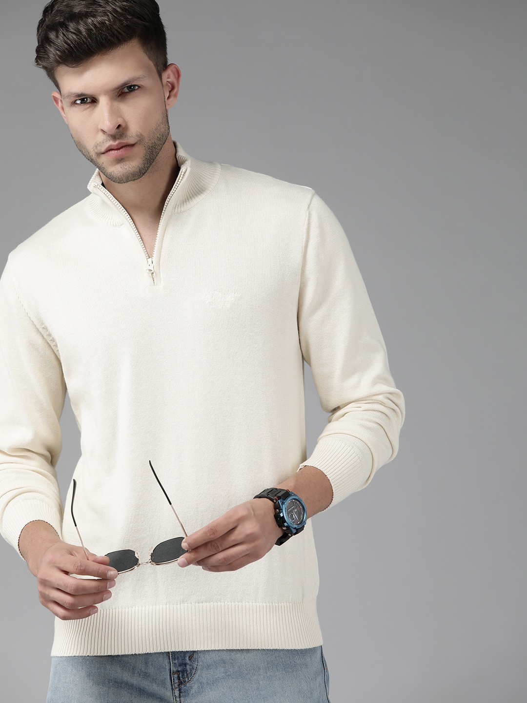 

Roadster Men Off White Solid Pullover