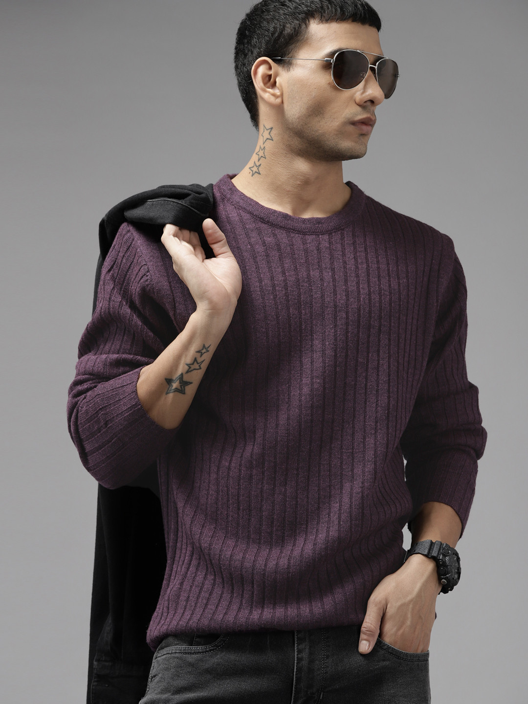 

Roadster Men Purple Self Striped Acrylic Pullover