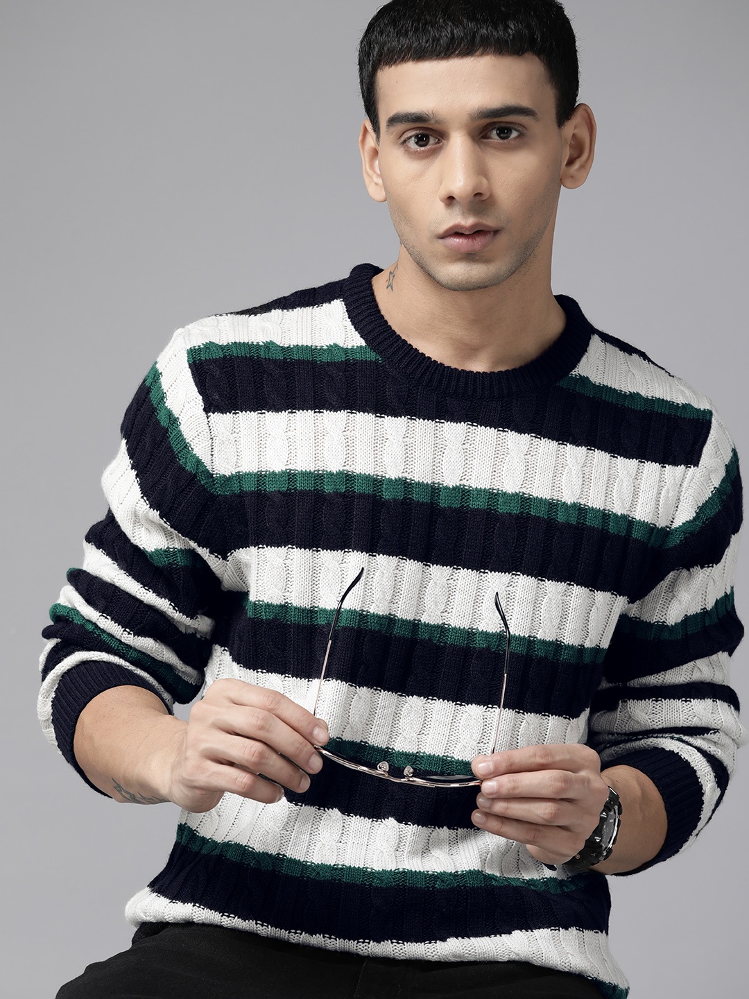 

The Roadster Lifestyle Co. Men Navy Blue & White Striped Pullover