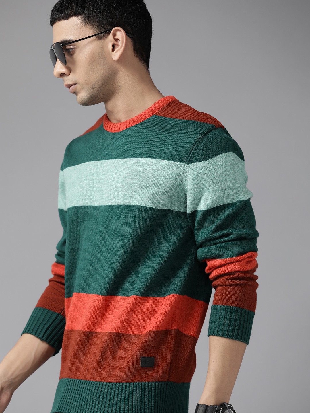 

The Roadster Lifestyle Co. Men Green & Coral Orange Striped Pullover