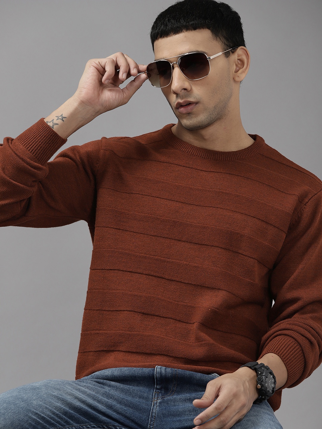 

The Roadster Lifestyle Co. Men Rust Brown Acrylic Self-Striped Pullover