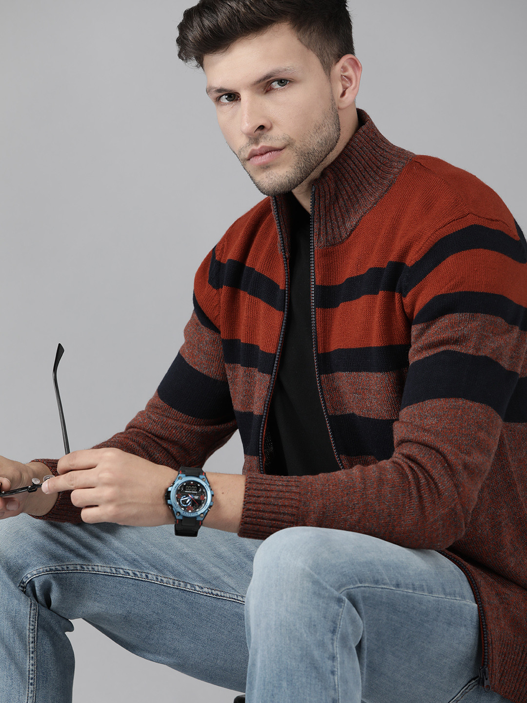 

Roadster Men Rust Orange & Navy Blue Striped Cardigan