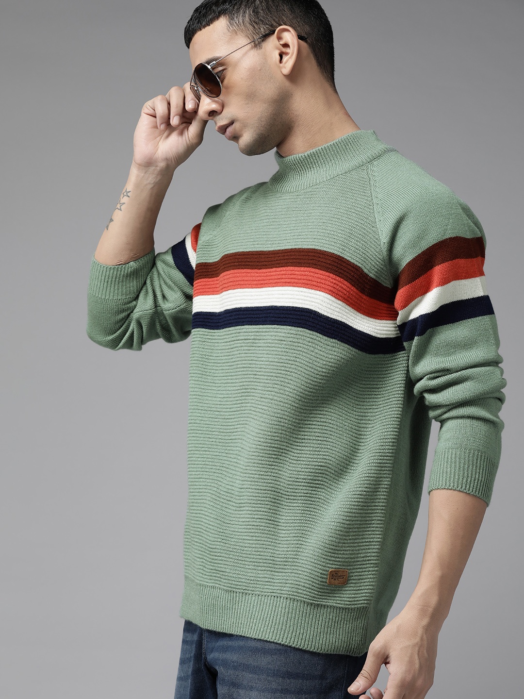

The Roadster Lifestyle Co. Men Sage Green & Red Striped Acrylic Raglan Sleeves Pullover