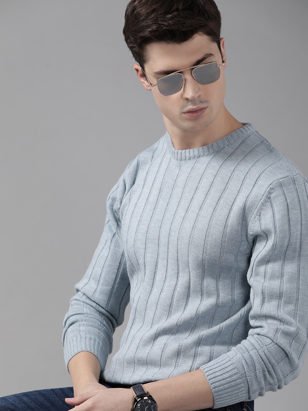 

Roadster Men Self-Striped Pullover, Blue