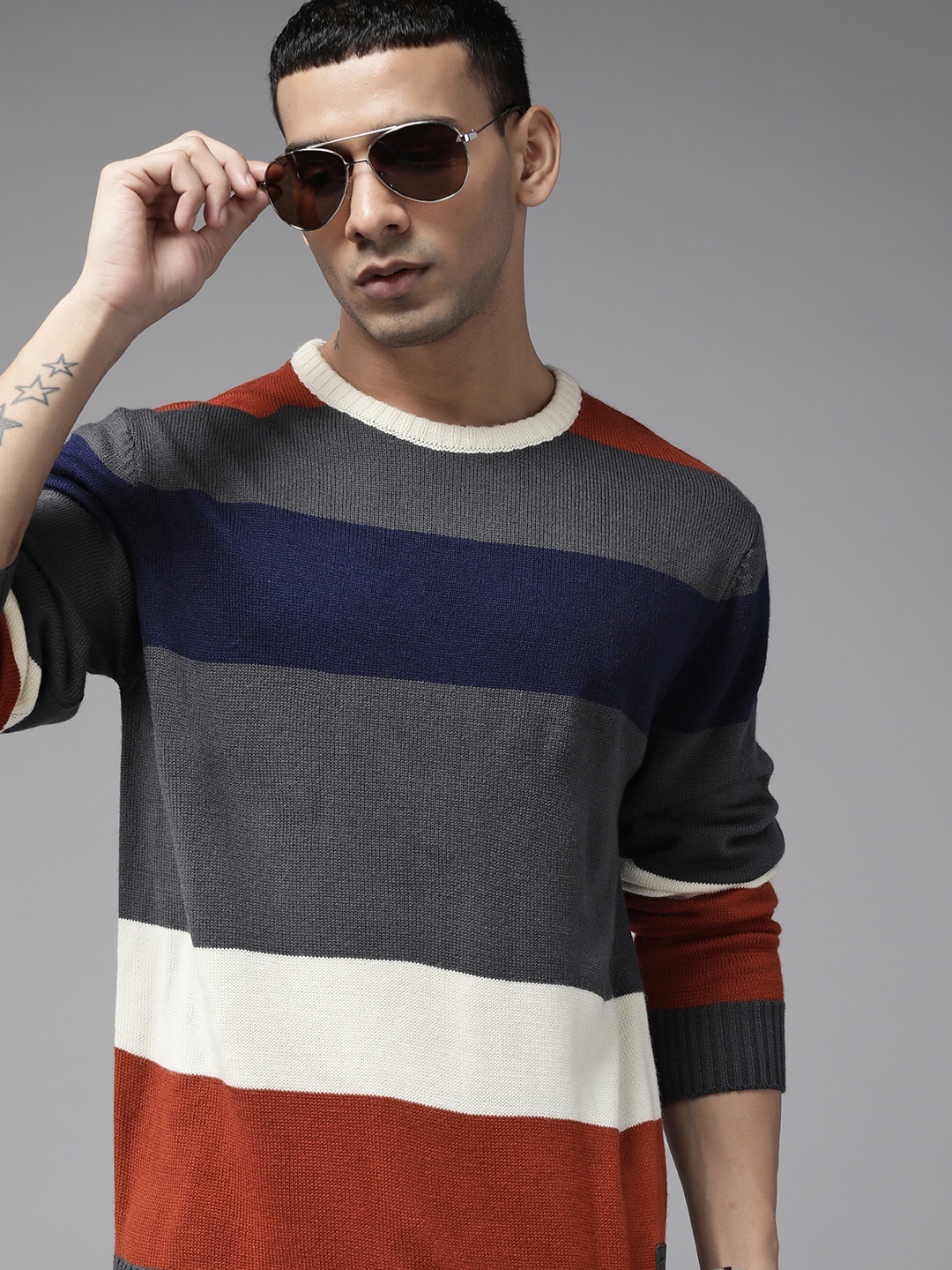 

The Roadster Lifestyle Co. Men Grey & Rust Brown Striped Acrylic Pullover