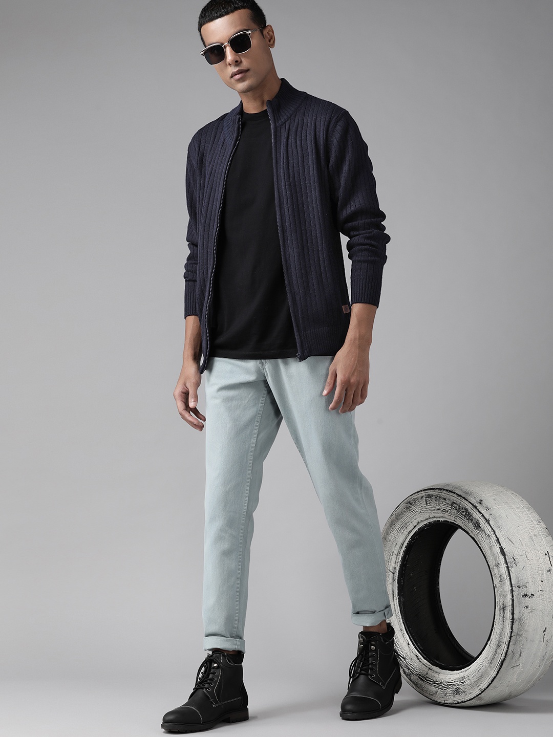 

Roadster Men Navy Blue Self-Striped Cardigan