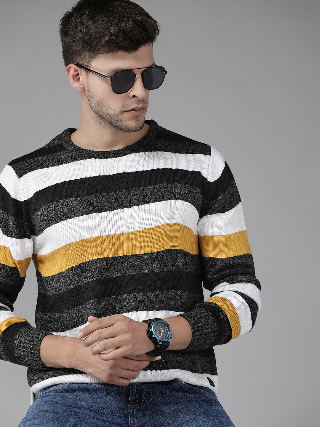 

Roadster Men Grey & Mustard Yellow Striped Pullover
