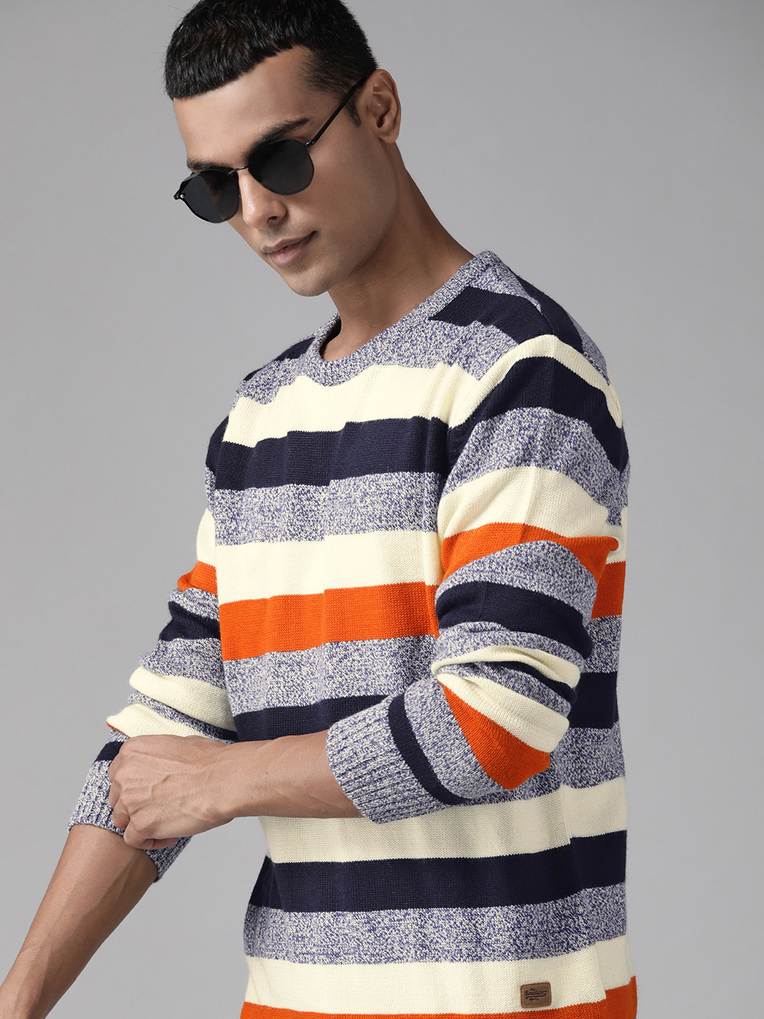 

Roadster Men Navy Blue & Cream-Coloured Striped Pullover