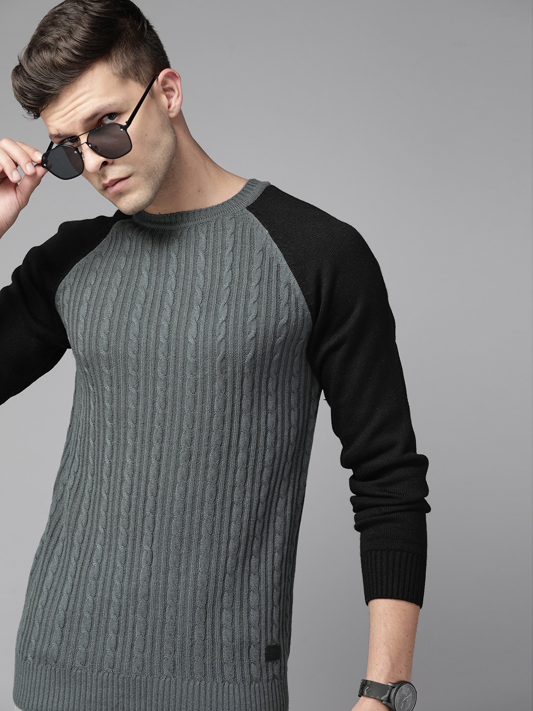 

The Roadster Lifestyle Co. Men Charcoal Grey Cable Knit Pullover