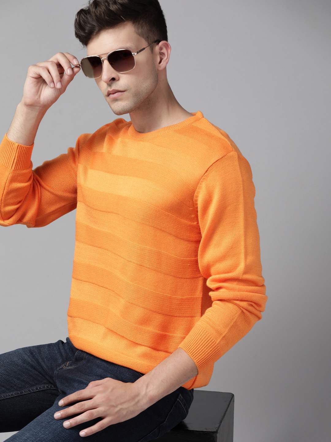 

The Roadster Lifestyle Co. Men Orange Self-Striped Pullover