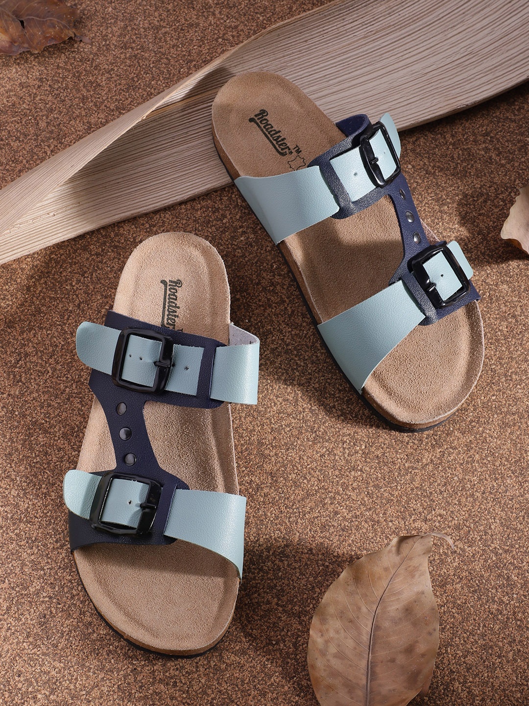 

Roadster Women Blue Colourblocked Open Toe Flats with Buckles