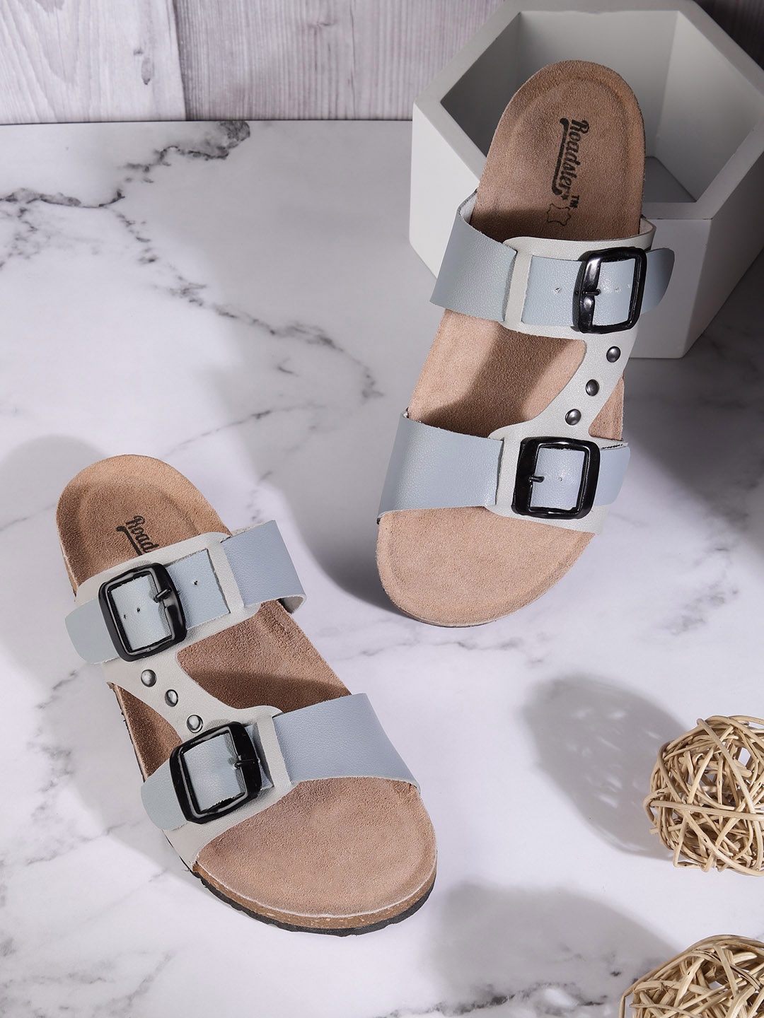 

Roadster Women Grey & Blue Colourblocked Open Toe Flats with Buckles