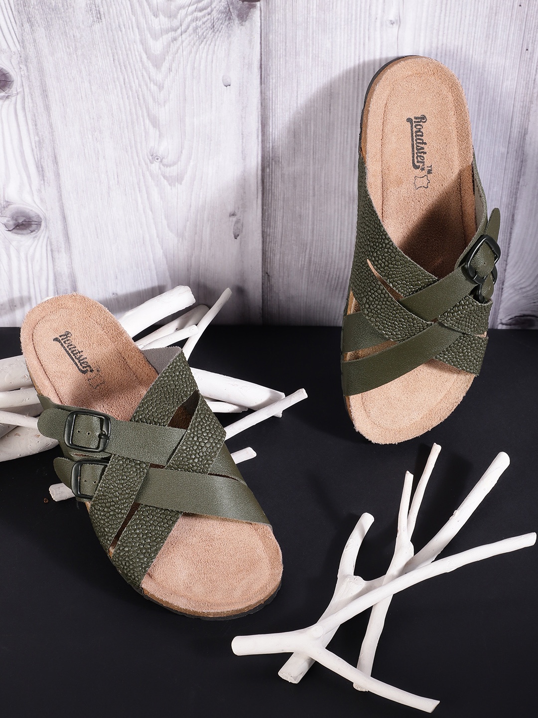 

Roadster Women Olive Green Textured Open Toe Flats with Buckles