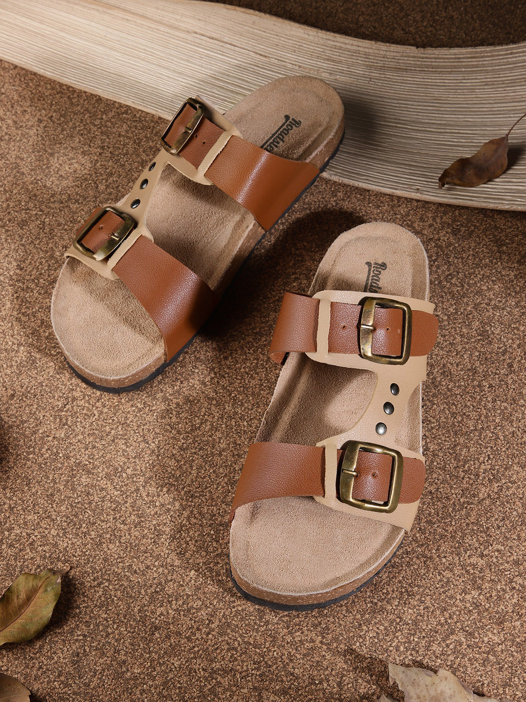 

Roadster Women Brown & Beige Colourblocked Open Toe Flats with Buckles