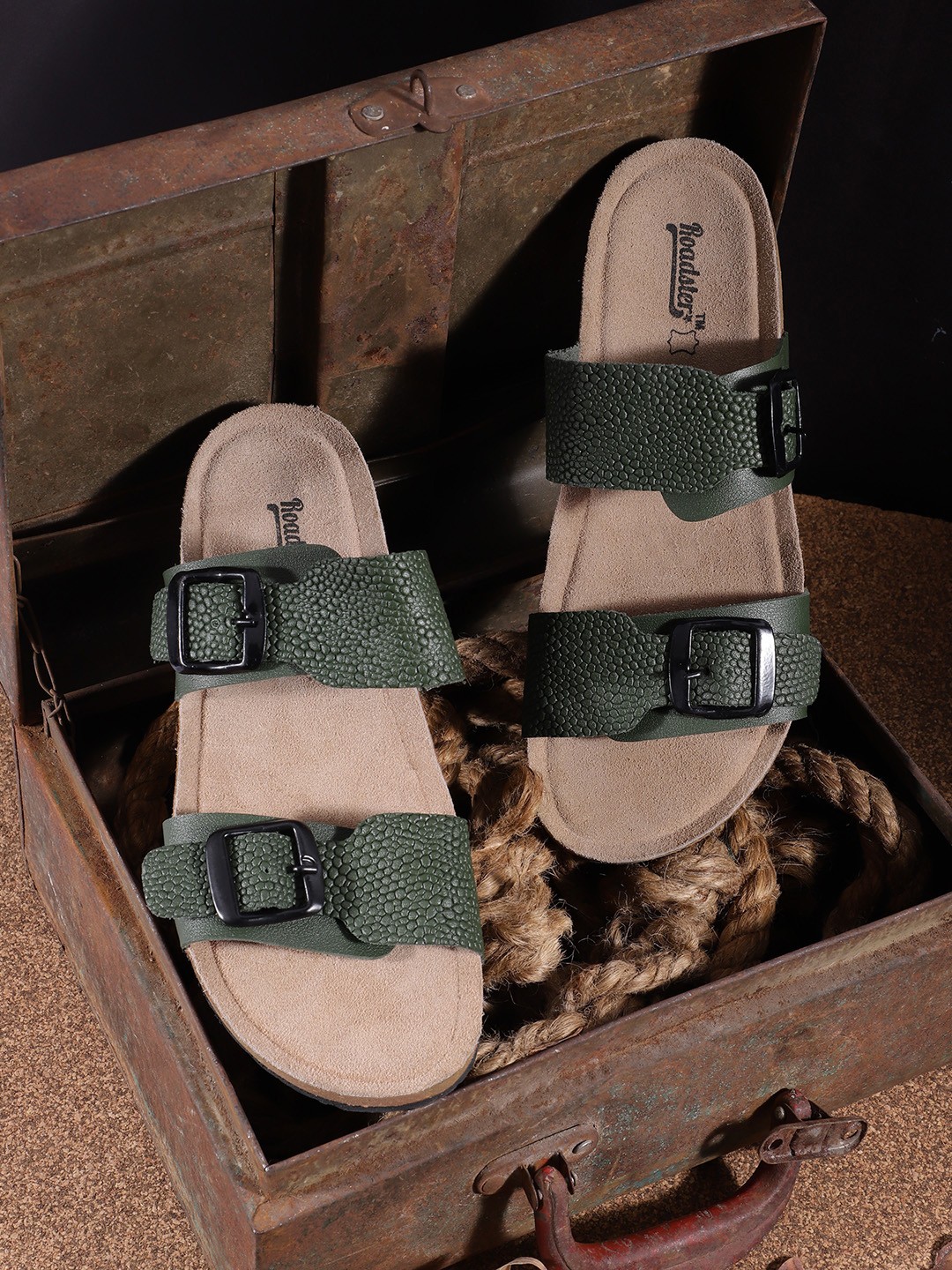 

Roadster Women Olive Green Textured Open Toe Flats with Buckles