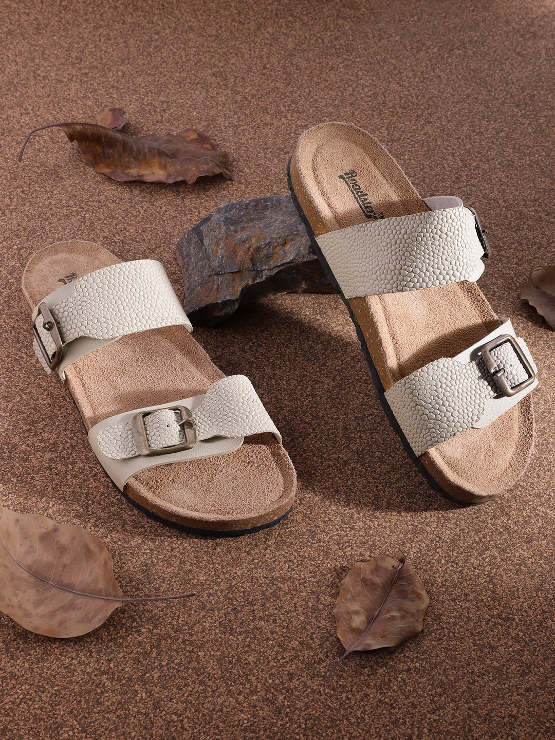 

Roadster Women Cream-Coloured Textured Open Toe Flats with Buckles