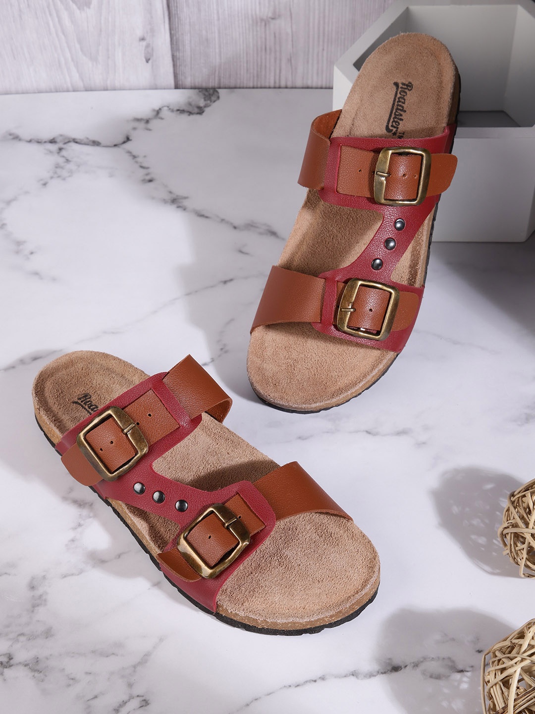 

Roadster Women Tan Brown & Maroon Colourblocked Open Toe Flats with Buckles